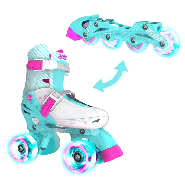 Neon Combo Skates 2-in-1 Teal/Pink  Adjustable Inline and Quad Skates for Girls with Light-up Wheels  Outdoor Blades Roller Skates (Size 12-2)