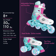 Load image into Gallery viewer, Neon Combo Skates 2-in-1 Teal/Pink  Adjustable Inline and Quad Skates for Girls with Light-up Wheels  Outdoor Blades Roller Skates (Size 12-2)
